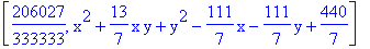 [206027/333333, x^2+13/7*x*y+y^2-111/7*x-111/7*y+440/7]